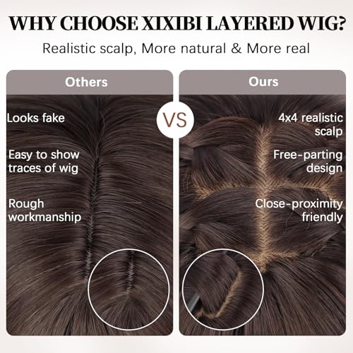 XIXIBI Brown Wig with Bangs for Women,4x4 Realistic Scalp,Free Parting,Long Layered Wigs Realistic Synthetic Fiber Heat Resistant Dark Brown Natural Looking Wig for Daily Party Cosplay Use 26 Inch - Image 5