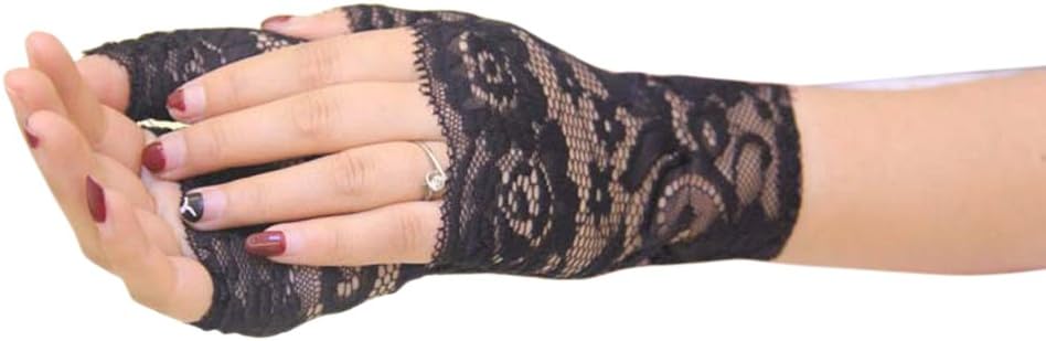 FloYoung Women Bridal Short Lace Half Finger Party Dress Gloves Black #3