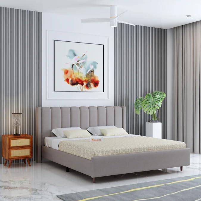 Image of Ganpati Arts Solid Sheesham Wood Emperor Upholstered King Size Bed Without Storage | Wooden Double Bed Palang Furniture for Bedroom, Living Room, Home and Hotel (Grey)