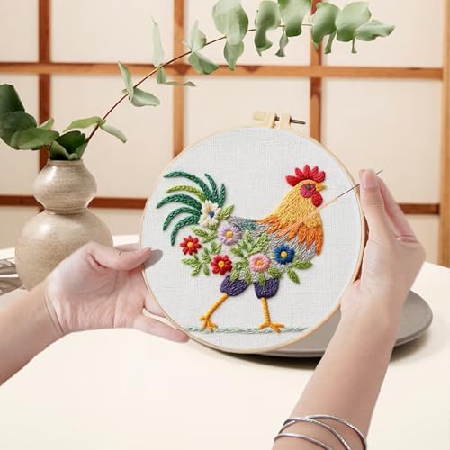 Image of Ohcol Embroidery Kit Cross Stitch Kits Needle Point Kits Beginner Adults Needlepoint Kits with Rooster Pattern & Hoop