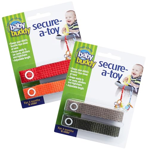 Image of Baby Buddy Secure-a-Toy, Adjustable Pacifier and Teether Strap for Stroller, Highchair, and Car Seat, Red Orange Tan Olive, 4 Pack