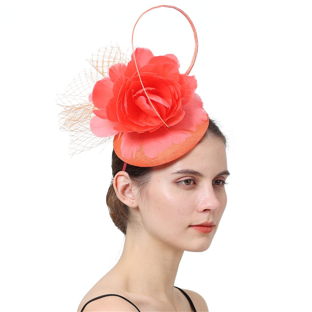 Tocados, diademas, plumas, flores, accesorios for el cabello de novia, tocado for fiesta boda(Coral Red)