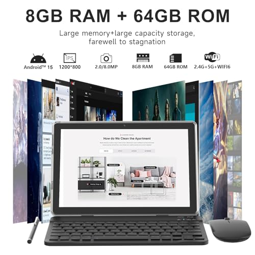 Image of 2 in 1 Tablet 10 Inch Android 15 Tablets with Keyboard 64GB ROM 8GB RAM Support 1TB expansion 10.1 inch Tablet include Mouse Case Stylus Tab 8MP+2MP Cameras 6000mAh Battery Bluetooth Wifi6 Android Tableta