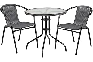 Flash Furniture 3-Piece Patio Dining Set with Round Glass Metal Table and...