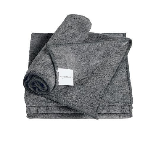 Image of Amazon Basics Pack of 4 Microfiber Cleaning Cloth | 350 GSM | Ultra Soft | Super Absorbent | Reusable | Grey | 40cm X 40cm