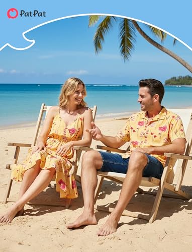 Image of PATPAT Couples Matching Outfits Hawaiian Women Dresses & Men Shirts | Matching Cruise Outfits for Couples, Beach Vacation Outfits, Spaghetti Strap Midi Sundress, Men Boho Tropical Print Shirt