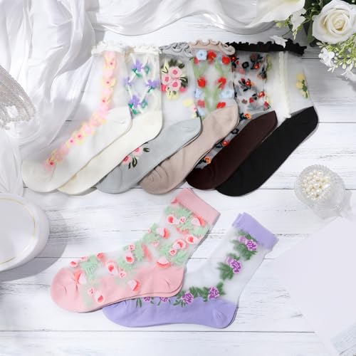 Suhine 8 Pairs Floral Sheer Sock Women Embroidered Jacquard Crystal Glass Socks Thin Mesh Lace for Summer 6