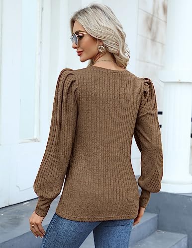 Hotouch Damen Pullover Herbst Elegant Rundhals Puffärmel Bluse Lässig Dünner Langarm Oberteile Braun S