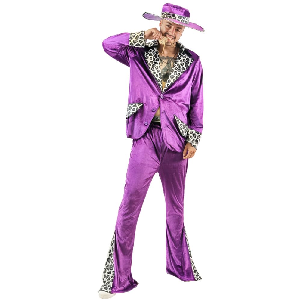 EraSpooky Traje de proxeneta para hombre traje de proxeneta de terciopelo para adulto con estampado de leopardo atuendo retro de los años 70 atuendo de discoteca