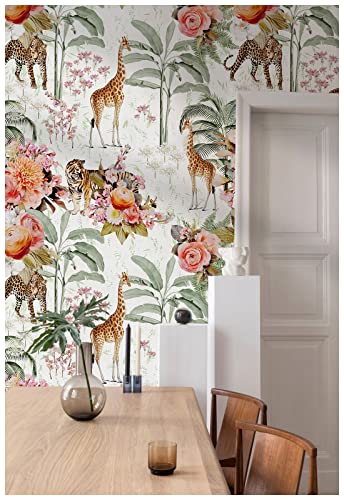 Haokhome 93243-3M Peel And Stick Floral Wallpaper Jungle Animal Removable White/Green/Pink Vinyl Self Adhesive Mural 17.7In X 9.8Ft thumb #1