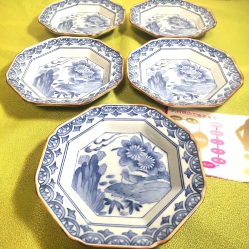 Kutani Grilled Ako Kiln Sometsuke Hand Painted Flower Birds Octagon Plate, Deep Plate, Meikan Plate, Medium Plate, 5 Pieces