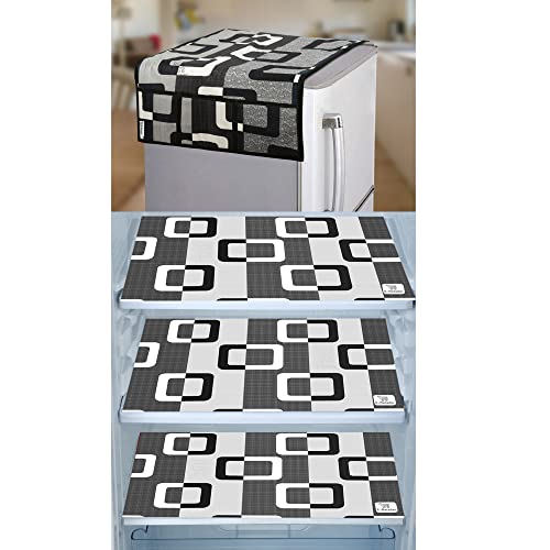 Image of Set of 1 Pc Fridge Top Cover with 6 Utility Pockets and 3 Pc Fridge Mats (Black, Set of 4)