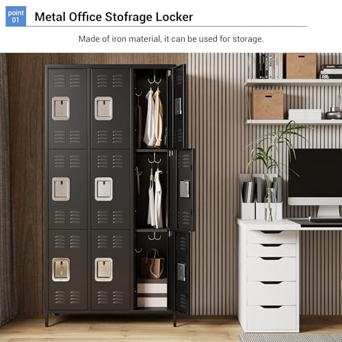 GAOMON Locker for Employees, 9 Doors Locker Cabinet with Hooks, Storage Locker for Home, Office, Gym, School, Assembly Required, Black