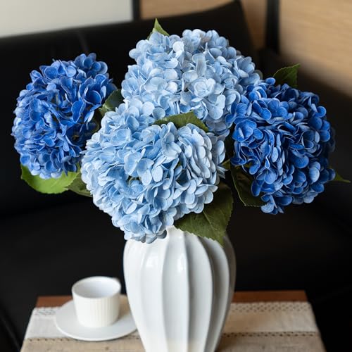 DUYONE 22"Real Soft Touch Hydrangea Artificial Flowers Realistic,Large Long Stem Fake Flowers Full Latex Faux,Wedding Bouquet,Party Home Decor,Garden Office Room Table Centerpieces Blue 2 Deep Blue 2