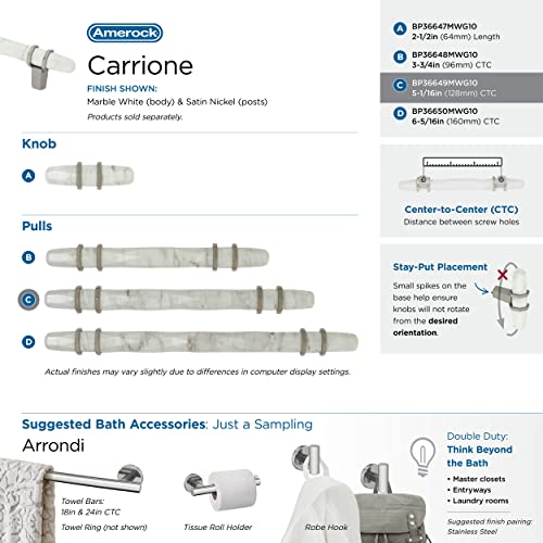 Image of Amerock | Cabinet Pull | Marble White /Satin Nickel | 5-1 /16 inch (128 mm) Center to Center | Carrione | 1 Pack | Drawer Pull | Drawer Handle | Cabinet Hardware | 5-1 /16 inch (128mm) Center-to-Center Mounting Distance and 7-1 /2 inches Overall Length, Durable Zinc Cabinet Hardware