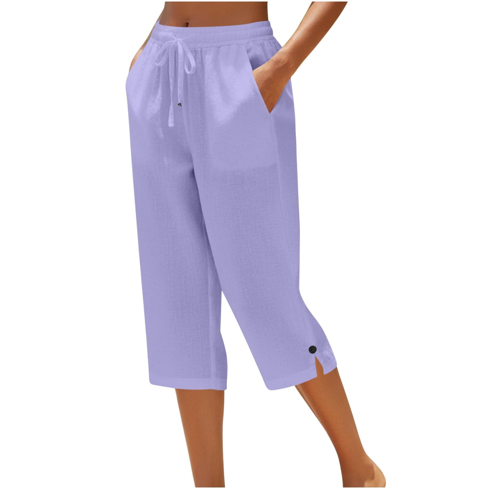 LRMQS Cotton Capri Pants for Women Loose Fit Straight Leg Drawstring Elastic Waist Cropped Pant Casual Summer Linen Clothes — view 9