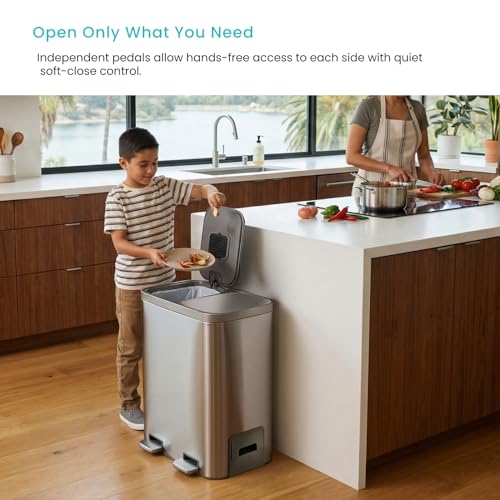 Image of Home Zone Living 13 Gallon Kitchen Trash Can with Dual Compartments | Stainless Steel with Soft-Close Step Pedal Lids for Recycling and Bag Storage Drawer, Rectangular Design, Silver