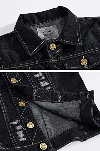 Image of ebossy Men's Ripped Distressed Denim Vest Sleeveless Button Up Jean Vest Jacket (Medium, Solid Black)