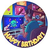 J&M DECO Tortenaufleger Geburtstag - Tortendeko Gamer Motiv - Geburtstagskuchen Deko aus Fondant - Rund 20 cm - Esspapier Tortendeko - Tortenaufleger - Cake Decoration