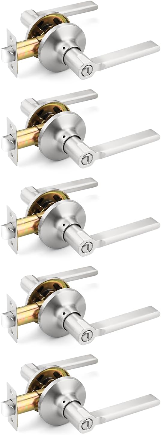 Mengico 5 Pack Privacy Door Handle, Satin Nickel Interior Door Knobs for Bed & Bath, Modern Keyless Door Lever Lock Reversible for Right & Left Sided