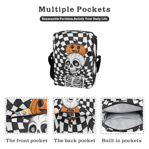 KLL Black-and-white Checkered Cartoon Skeleton men's messenger bag Vegan Leather men shoulder bag Shopping Shoulder Handbag2