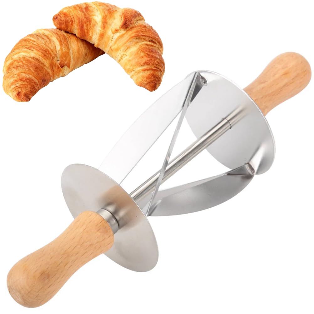 Tomotato Silver Croissant Cutter, Stainless Steel Pastry Dough Roller With Wooden Handle For Evenly Shaped Croissants, Ideal Baking Tool For Homemade Pastries
