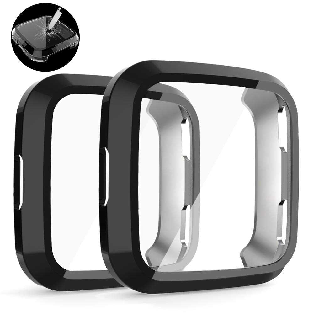 Screen Protector Compatible with Fitbit Versa with HD Tempered Glass Case Cover, [2 Pack] [Daily Waterproof] [3D Full Coverage] Shell Protective for Fitbit Versa Smartwatch, Black, Black
