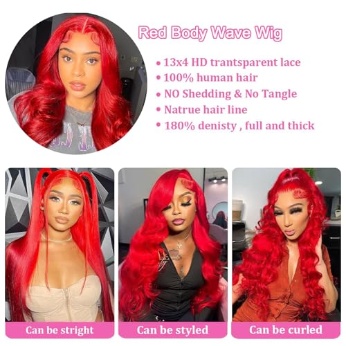 Image of 30 Inch Red Lace Front Wigs Human Hair 13x4 HD Transparent Red Colored Body Wave Human Hair Lace Front Wigs for Women 180 Density Pre Plcked Human Hair Lace Frontal Wig with Baby Hair