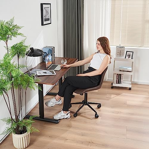 Image of YOUNIKE Brown Ergonomic Home Office Desk Chair with Wheels Comfy Armless Vanity Chair with Back Modern Leather Upholstered Rolling Task Chair Small Cute Computer Drafting Chair Wide Swivel Adjustable