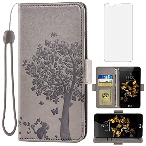 Asuwish Compatible with LG Phoenix 2/K7/Tribute 5/Escape 3/Treasure LTE/K8 2016 Wallet Case and Tempered Glass Screen Protector Flip Wrist Strap Card Holder Cell Phone Cover for K371 K330 Men Gray