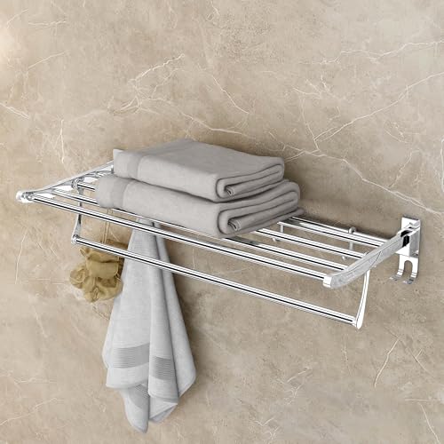 Image of Plantex (Primax) Eco Stainless Steel Folding Towel Rack /Towel Holder for Bathroom /Towel Hanger /Bathroom Accessories Set(24-inch) Chrome