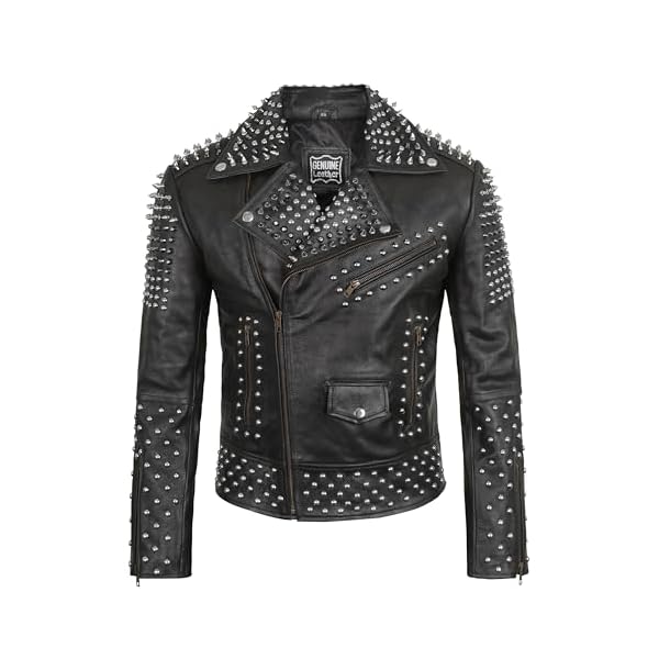 Men’s Brando Biker Rock Punk Studded Spike Black Motorcycle Cowhide Leather Jacket