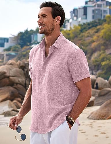 Image of COOFANDY Men's Linen Shirts Short Sleeve Casual Shirts Button Down Shirt for Men Beach Summer Wedding Shirt