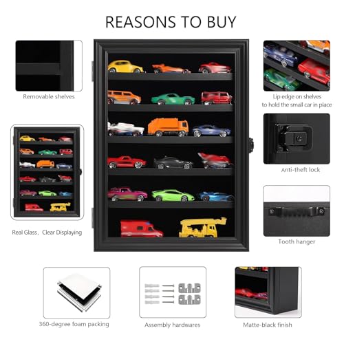 Image of Toy Cars Display Case 1 /64 Scale Diecast Car Display Case Wall Mount Model Car Display Storage Cabinet Lockable with Real Glass & Removable Shelf Rack -Black