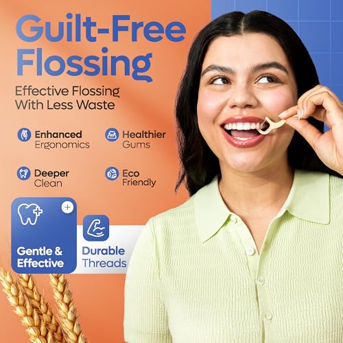 Image of SmartLifeco Eco-Friendly Dual-Thread Dental Floss Picks (100ct) - Flossers Made with Straw Wheat Blend, Superior Anti-Shred for Tight Gaps, Tooth Pick Stick for Adults, Soft on Gum & Teeth, Unflavored