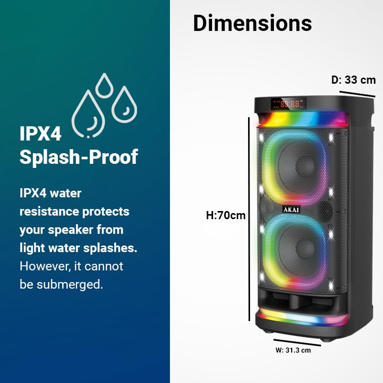 AKAI PM-160P speaker dimensions and IPX4 splash-proof rating