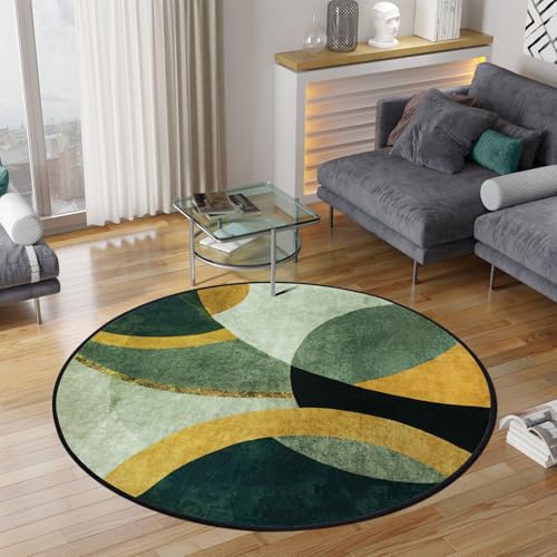Tapis Design Runder Teppiche Wohnzimmer, Smaragdgrün Senfgrau, Halbkreismuster Waschbare Teppiche, rutschfest Teppich für Wohnzimmer, Schlafzimmer, Kamin, 160 cm