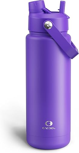 Miniatura 34 de ENCOOL Botella de agua aislada con popote, de acero inoxidable, a prueba de fugas, sin BPA, al vacío de doble pared que se mantiene fría durante 24