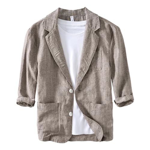 Men's Blazer Casual Sport Coats Linen Striped Suit Jacket 3/4 Sleeves Blazer Daily Suits