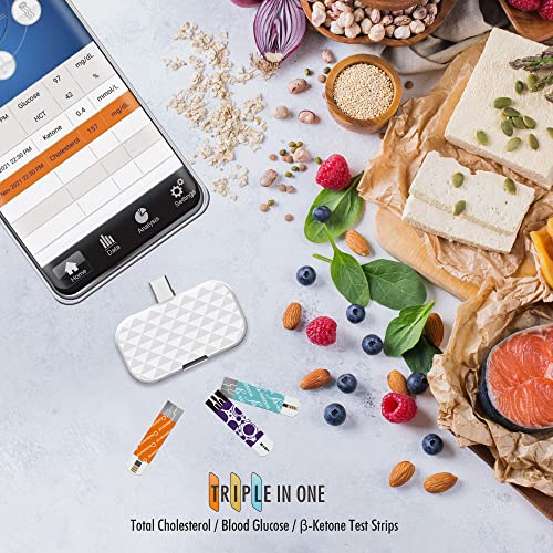 MbH-Glucose-Cholesterol-Testing-Kit-Free-App-in-Procheck-Smartphone-Dongle-5pcs-Glucose-Test-Strips-and-5pcs-Cholesterol-Test-Strips-10pcs-Lancets-1pc-Lancing-Device-Type-C-Android-Only