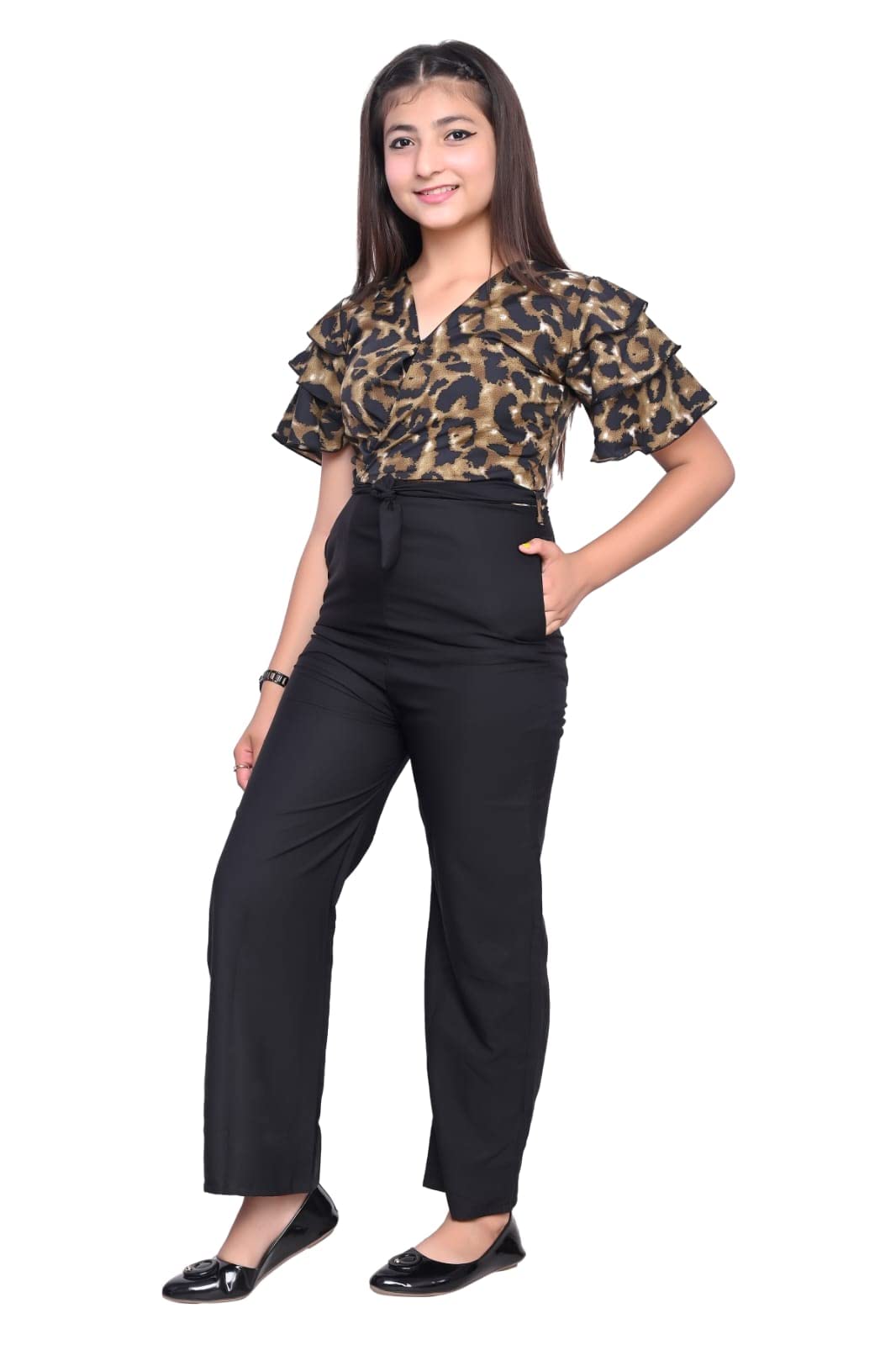 FELLAMO Girls Flared Sleeves Printed Jumpsuit-66 Brown-Black 15-16 Years 2