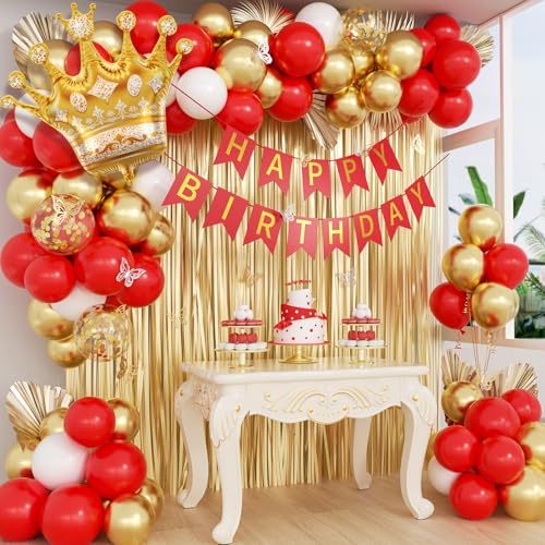 Red and Gold Birthday Decorations for Women with Red White Gold Balloons Happy Birthday Banner Metallic Gold Fringe Curtain for 21st 25th 27th 30th 35th 40th 50th 60th Women Birthday Decorations