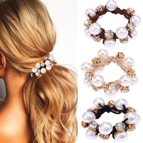 Zoestar 3 coleteros para el pelo con perlas de cristal, elásticos, para coleta, accesorios de moda para mujeres y niñas (A)