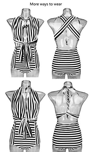 Cocoship Black & White Striped Fashion One Piece V-Neck Swimsuit Bather High Waisted Criss Cross Swimwear Monokini M(Us6) #TOP4