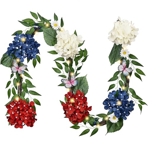 Valery Madelyn 6FT Patriotic Hydrangeas Garland with Lights for Mantle, Red White Blue Summer Floral Daisy Garland with Eucalyptus Leaves Butterfly for 4th of July Independence Day Decor