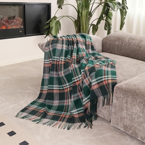 Temminc Woolly Throw Pure Wool Blanket - Large 55X83 Inches, 1.5 Lbs,Wool Fringed Knee Throw Blanket For Couch Bed Outdoor Travel,Soft Lightweight Breathable Blanket For All Season,Green Check