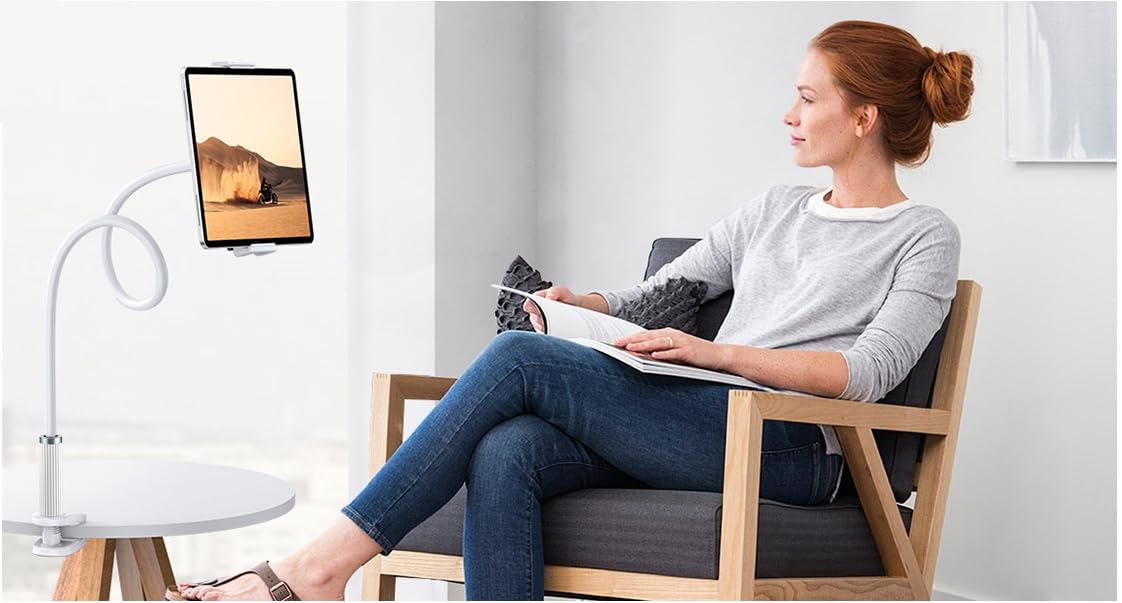 Soporte para Tableta, Cuello de Cisne, Brazo Ajustable Flexible en la Cama para iPad, teléfono móvil, Interruptor, Samsung Galaxy Tabs/etc, 98 cm de Longitud Total (Blanco)