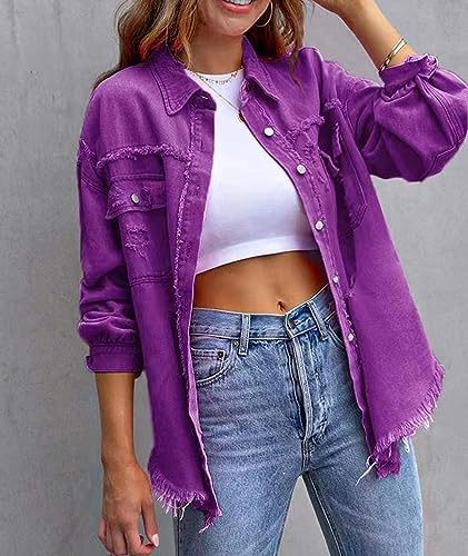 SEMATOMALA Women's Frayed Hem Ripped Denim Shirt Jacket Button Front Boyfriend Jean Coat Oversized Distressed Fall Shacket3