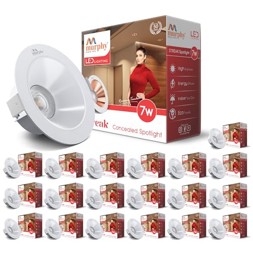 Image of Murphy 7W Streak LED Down Light WH+White Finish, Natural White Light, Round, Pack of 20, Recessed Ceiling LED Light, Suited for 3 inch Junction Box /Concealed Box (2 Years Warranty)