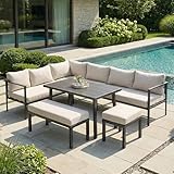 Merax Ensemble de meubles de jardin pour 8 personnes, canapé 6 places, banc et fauteuils, avec table, plateau en bois plastique, cadre en acier galvanisé, meubles de jardin pour balcon, terrasse, gris